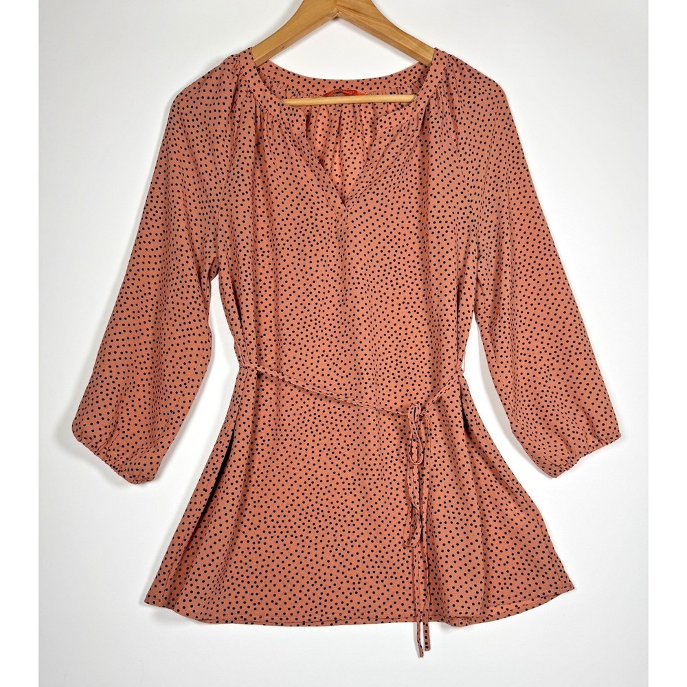 Modcloth Blouse Womens Medium Terracotta Pink‎ Polka Dot Tie Waist Flowy Boho